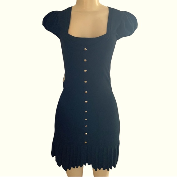 Bebe Body-con Mini Skater Sweater Dress Faux Gold Buttons Pleated Ruffle Skirt - Picture 1 of 4